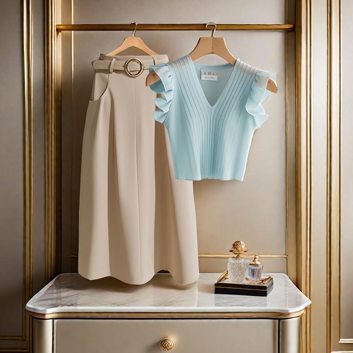 法式夏日搭配一整套2024新款女小香风飞袖上衣腰带半身裙两件套装