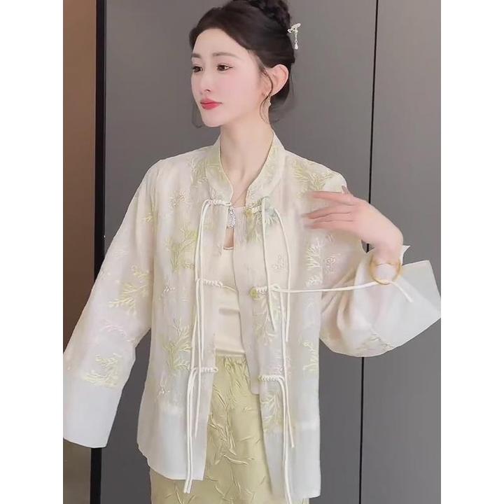 新中式女装2024秋季新款高级感国风盘扣衬衫显瘦半身裙两件套装潮