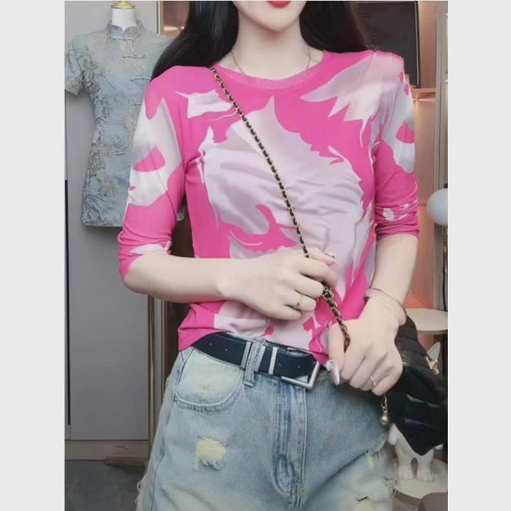 春秋季高档网纱圆领长袖上衣T恤妈妈装气质显瘦印花蕾丝打底衫女