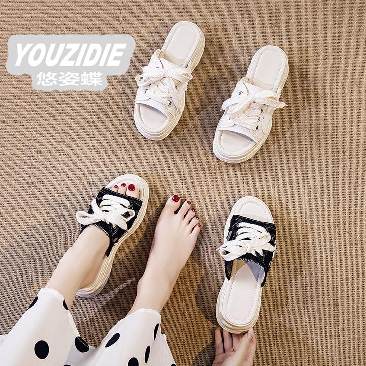 YOUZIDIE时尚气质 透气牛仔网面拖鞋女沙滩鞋2025夏季新款厚底