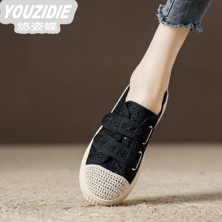 YOUZIDIE港风厚底透气渔夫鞋女款平底新款单鞋小香风懒人一脚蹬网