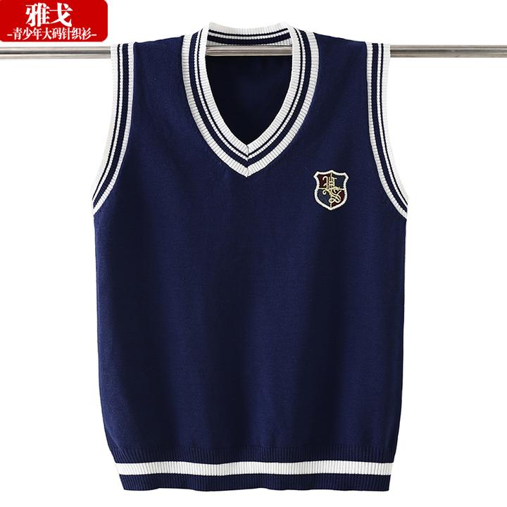 学院风高初中学生V领针织背心男秋冬季厚款无袖毛衣马甲坎肩校服