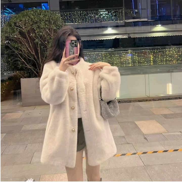 加厚中长款水貂绒大衣新款立领宽松显瘦温柔风甜美外套皮毛一体冬