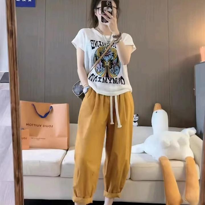 夏季宽松百搭套装女时尚韩版运动风减龄短袖印花小个子洋气两件套