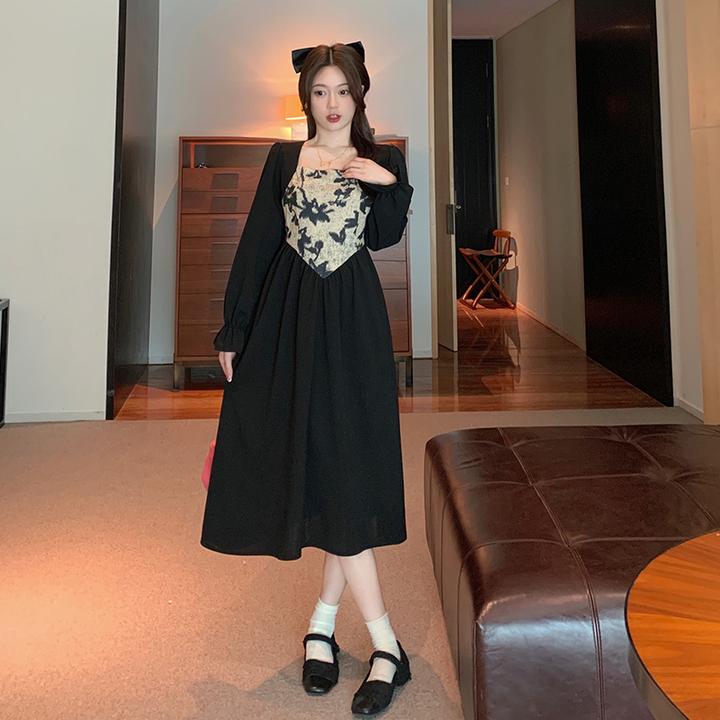 春秋季收腰长裙女时尚碎花气质拼接假两件黑色设计感法式茶歇裙子
