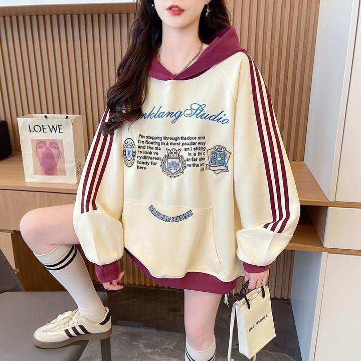 春秋季宽松连帽卫衣女韩版中长款时尚百搭拼接撞色设计感长袖上衣