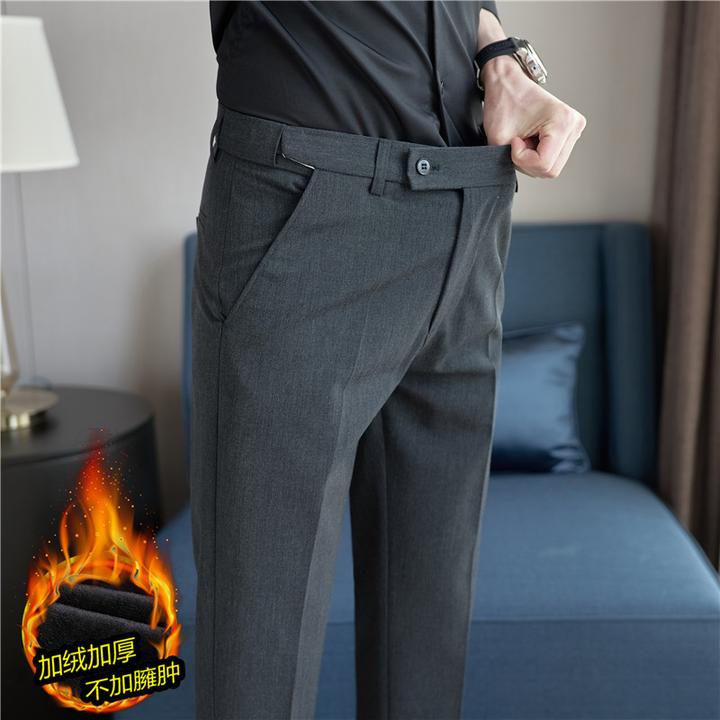 冬季新款腰部带隐形拉伸加厚加绒西裤男修身小脚九分裤深灰西装裤