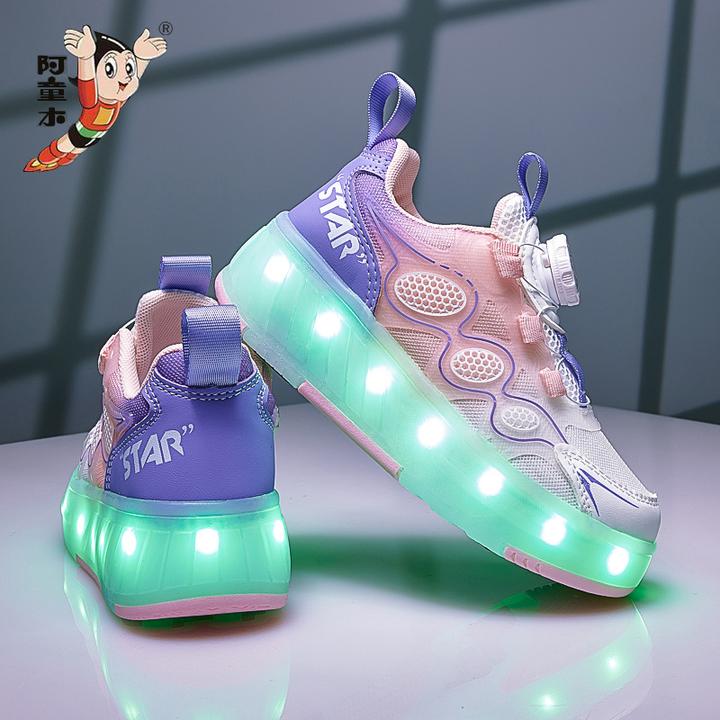 阿童木女童暴走鞋男童新款闪灯滑轮运动鞋溜冰鞋四轮儿童轮滑学生