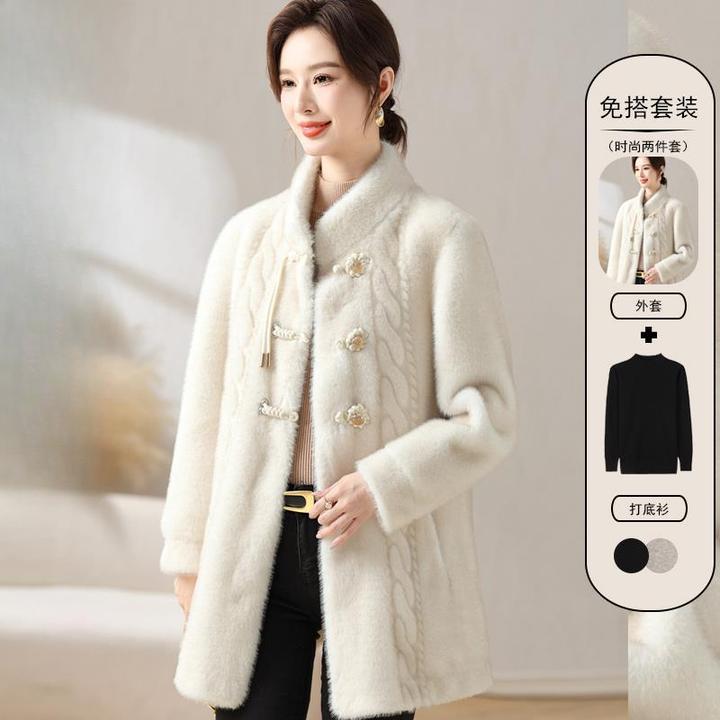 恒源祥彩羊妈妈装中老年女士高端新式国风一体大衣气质秋冬装外套