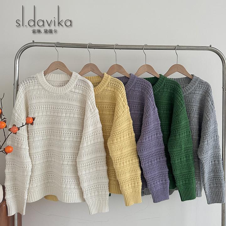 冬季加厚纯色羊毛衫女装纯羊毛提花慵懒风圆领毛衣女士宽松针织衫