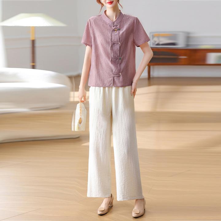 妈妈套装夏装短袖莱赛尔系扣上衣松紧腰裤子两件套中老年女装夏季