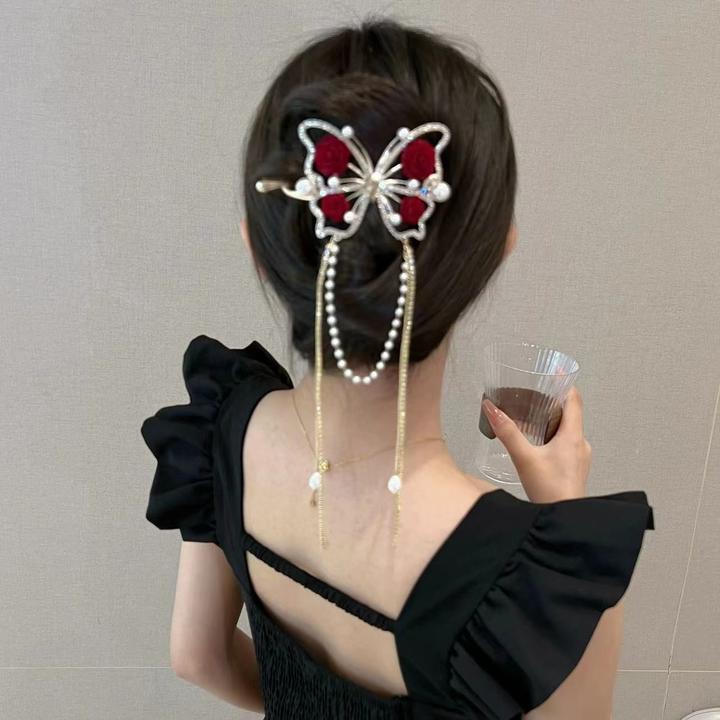 MINGFANXI/名梵希婚庆轻奢玫瑰蝴蝶流苏气质扭扭夹女后脑勺