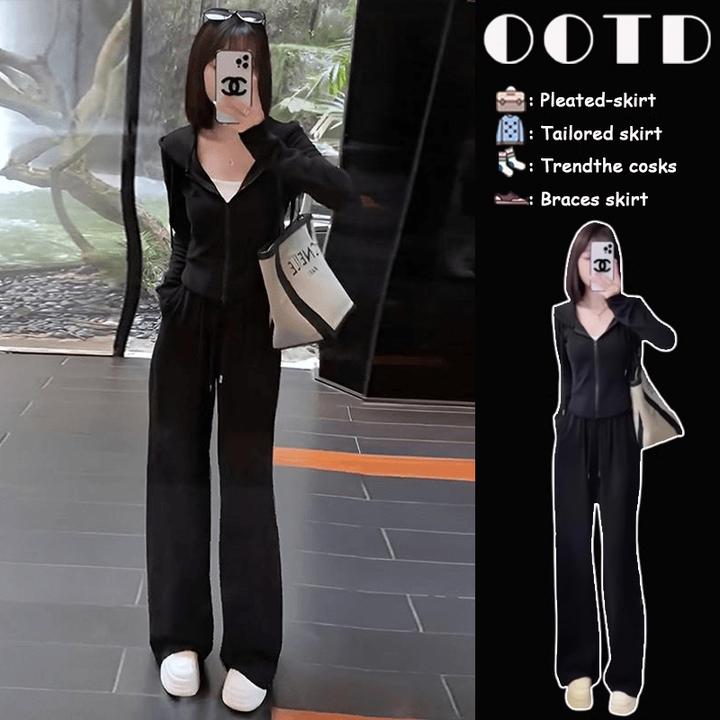 时尚休闲运动套装2025春秋新款连帽卫衣阔腿裤两件套女款气质服装