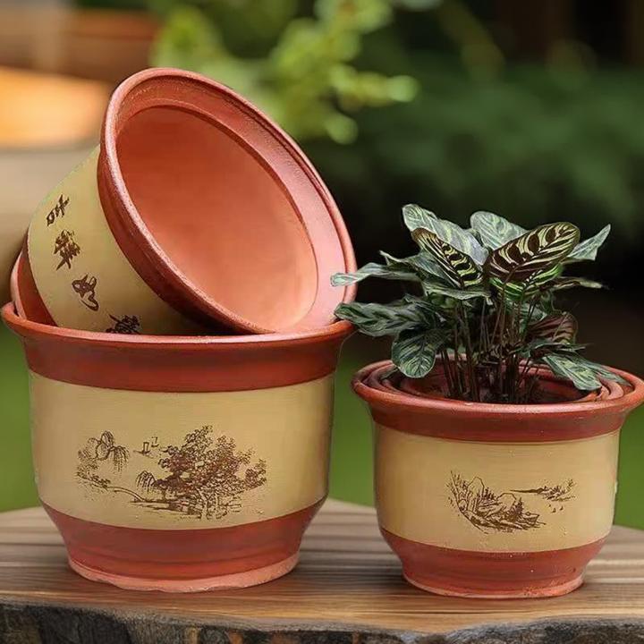 1粗砂陶瓷花盆古法黄简约家用粗陶种花种树绿植姜黄色花盆批发