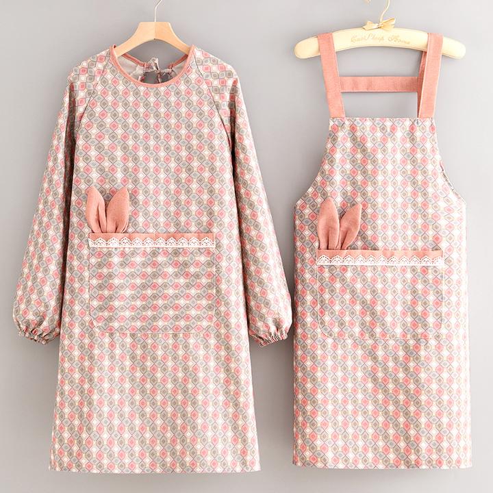 小清新防污帆布罩衣厨房家用围裙耐磨长袖成人围腰餐饮专用工作服