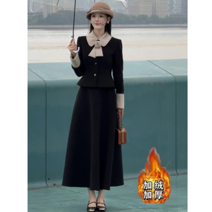 （现货）200斤大码胖mm冬季新款法式千金风复古英伦风时尚套装1644