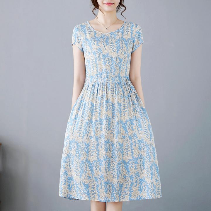 夏季棉绸连衣裙女中老年女装宽松大码人造棉短袖碎花过膝长款裙子
