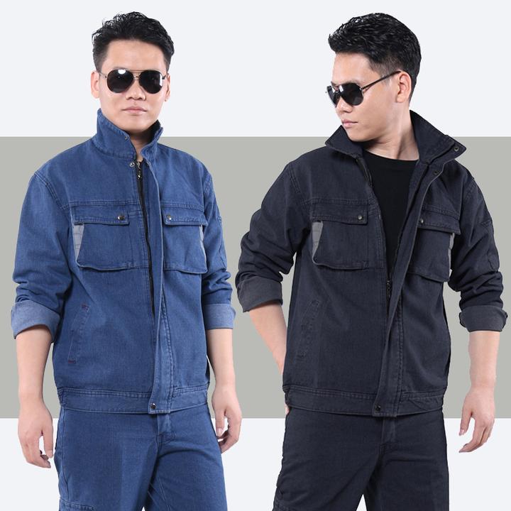 立领加厚双层牛仔工作服套装电工电焊工耐磨长袖工装多口袋劳保服
