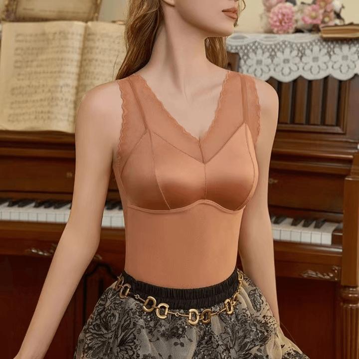 2024秋冬新款法式蕾丝无痕保暖背心固定杯无钢圈聚拢显瘦打底美背