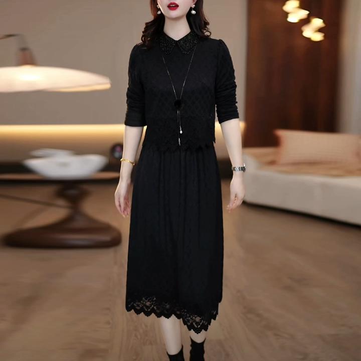 雪花绒加绒加厚连衣裙2024冬季新款气质时尚黑色显瘦保暖打底裙子