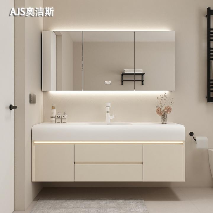 【肤感可丽耐一体盆】多层实木奶油风浴室柜洗手台洗漱台盆柜组合