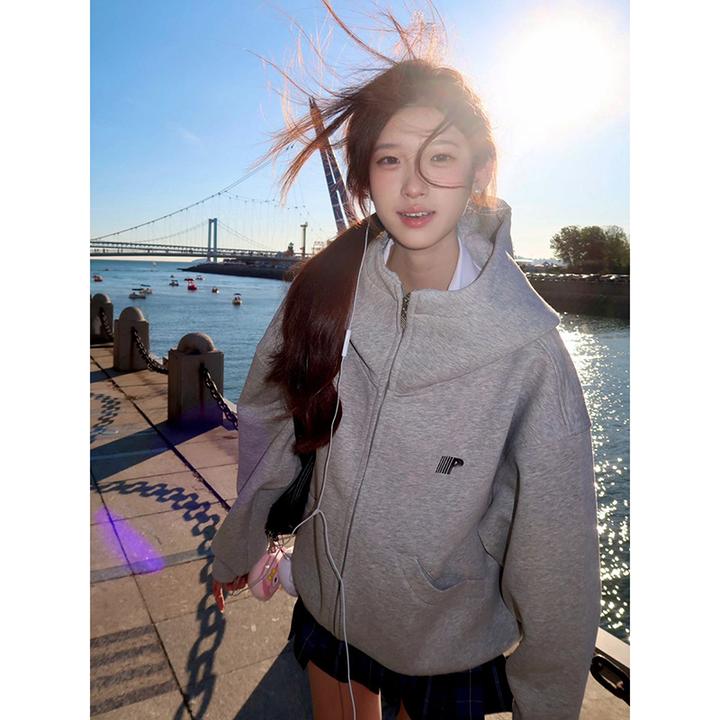 国潮牌拉链开衫连帽卫衣女春秋冬宽松oversize学院风情侣百搭外套