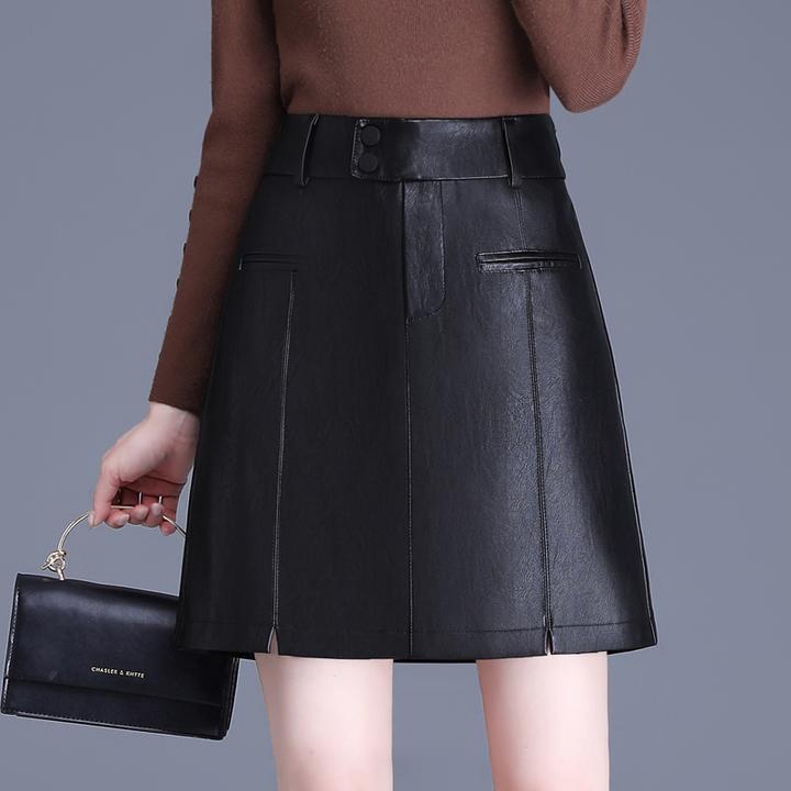 黑色小皮裙女秋冬2023新款高腰显瘦百搭A字裙包臀pu皮半身短裙子