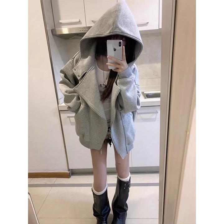 美式复古拉链开衫连帽卫衣女秋冬2024新款小众潮牌宽松慵懒风外套