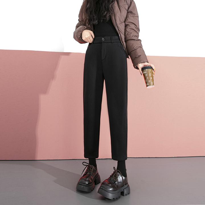七分烟管毛呢裤哈伦裤女秋冬新款加绒八分裤小个子高腰显瘦老爹裤