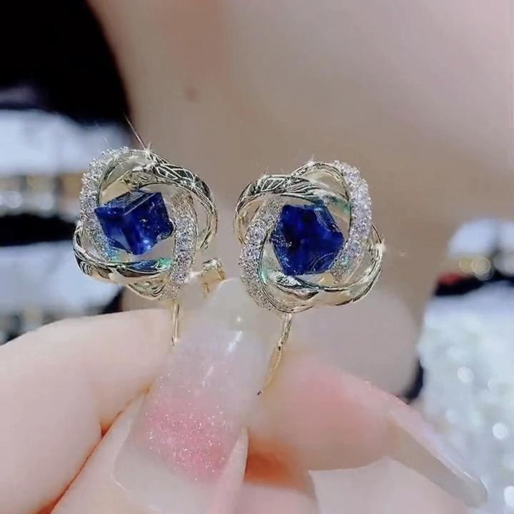 铜合金耳饰 高端轻奢小众高级感蓝色百搭耳环时尚气质镶嵌饰品女