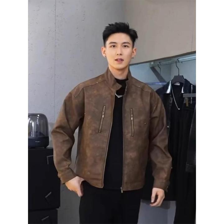 美拉德穿搭棕色皮衣外套男秋季新款铆钉设计感潮牌痞帅机车服夹克