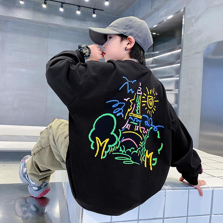 潮牌男大童秋季涂鸦卫衣2024新款儿童长袖T恤宽松中大童打底上衣