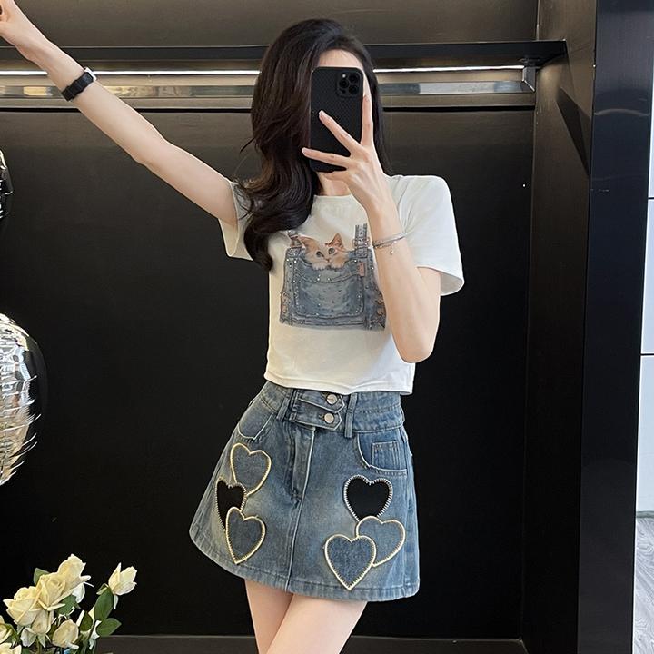 时尚套装2024新款洋气减龄夏季辣妹烫钻短高腰袖刺绣裙裤包臀韩版