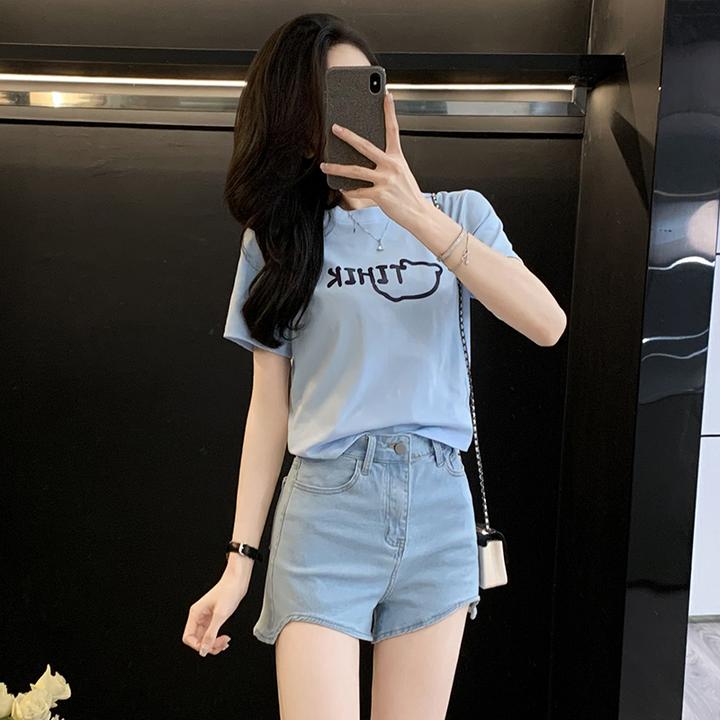 短裤套装夏季女高级感2024新款洋气印花显瘦短袖T恤高腰牛仔短裤