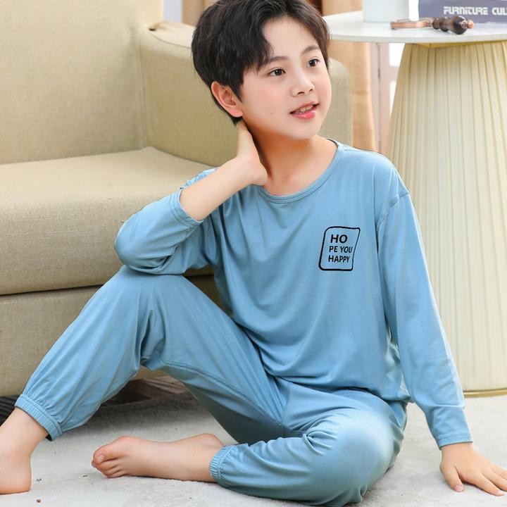 男童睡衣夏季薄款九分袖莫代尔儿童家居服套装中大童空调服长袖款