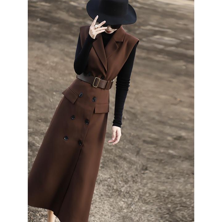 法式复古高级感2024秋季新款气质通勤双排扣无袖西装马甲连衣裙女