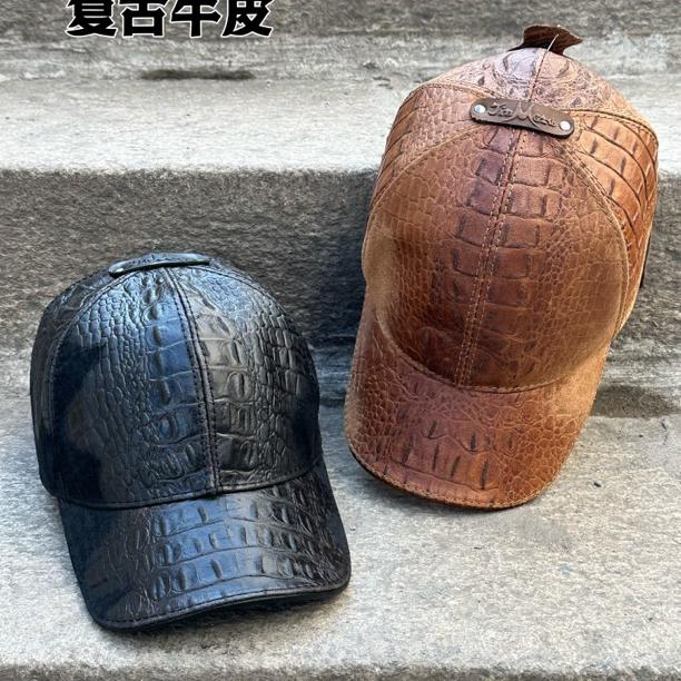 清仓头层牛皮棒球帽原创设计师款阿美咔叽复古牛皮磨砂压花棒球帽