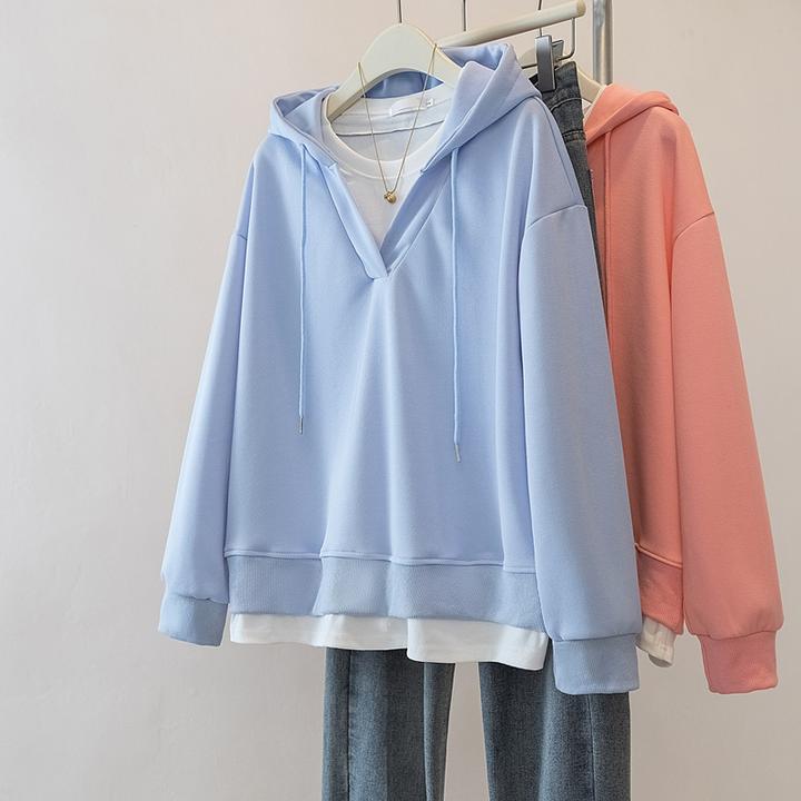 大码女装假两件宽松软糯卫衣秋冬小个子穿搭时尚洋气减龄连帽上衣