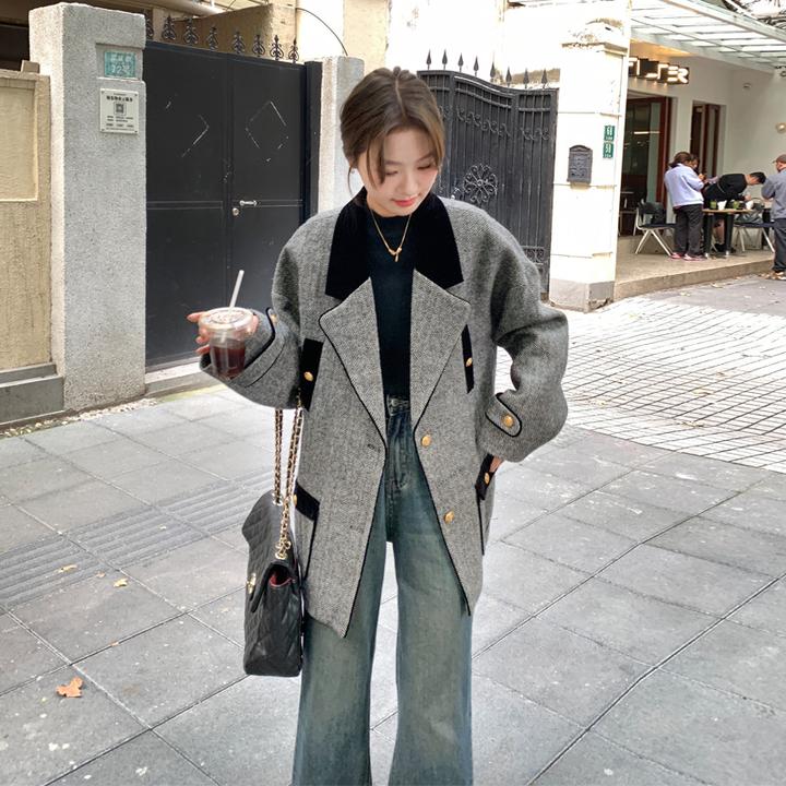 小香风毛呢外套女2024秋冬新款西装式气质韩系轻熟风夹棉呢子大衣