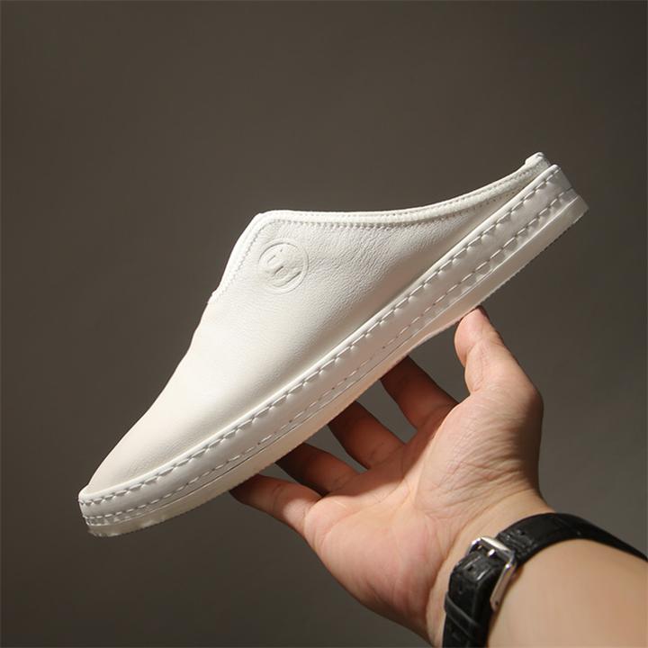 夏季新款半拖鞋男包头凉鞋真皮无后跟简约小白鞋男士懒人拖鞋休闲