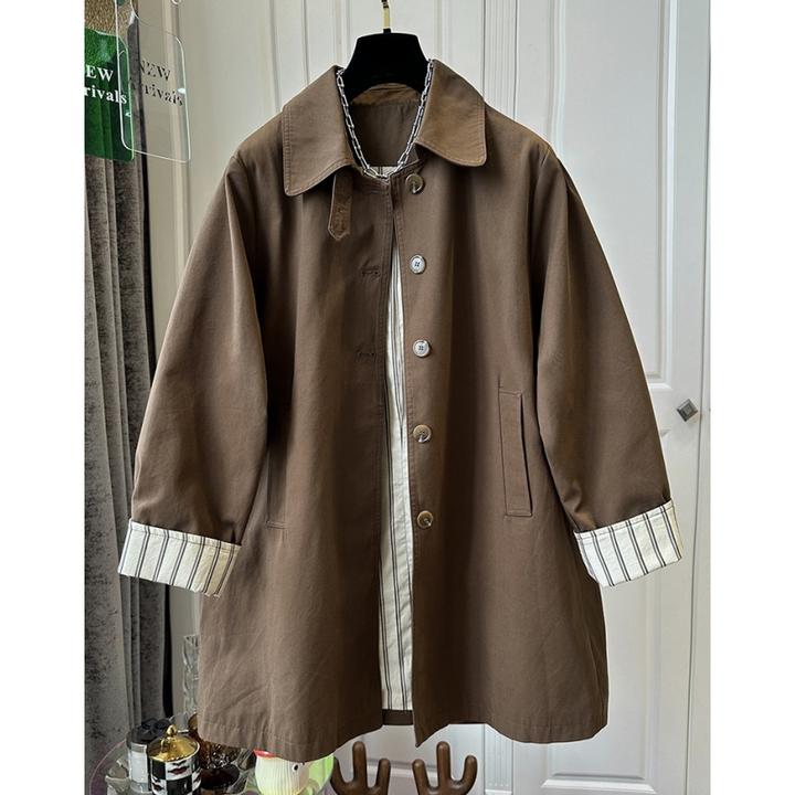 欧洲站翻领条纹咖啡色中长款风衣女外套宽松休闲时尚2024春秋新款