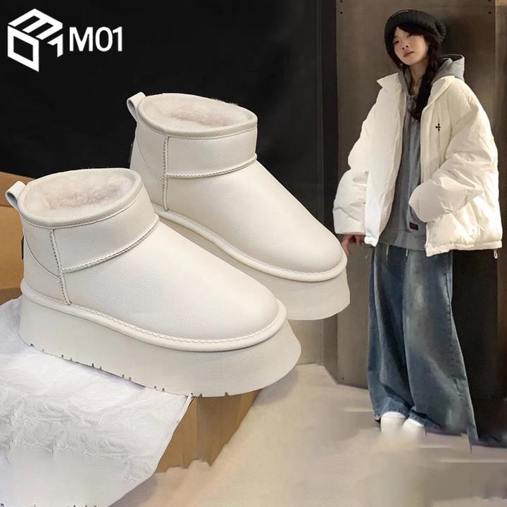 M01白色厚底雪地靴女2025新款春季加绒鞋子外穿皮面防水保暖棉鞋