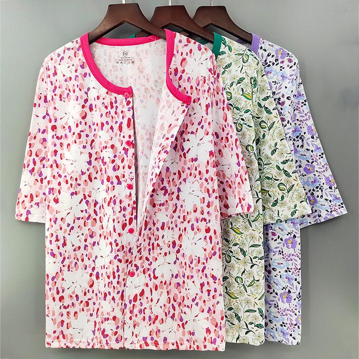 夏季薄款碎花宽松时尚中老年空调衫女士大码棉开衫短袖T上衣