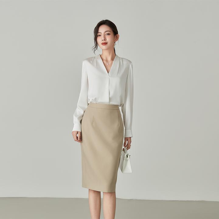 春秋新高档醋酸缎面纯色知性OL职场V领简约气质优雅衬衣长袖衬衫