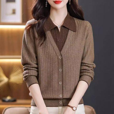 春秋假两件百搭毛衣女新款洋气翻领时尚宽松针织打底衫上衣