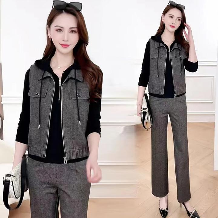 2025年春秋新款休闲套装女时尚气质显瘦马甲连帽卫衣阔腿裤三件套