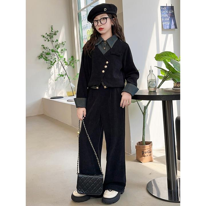 女童秋季不规则假两件套装2024新款洋气大童赫本风女孩秋装两件套