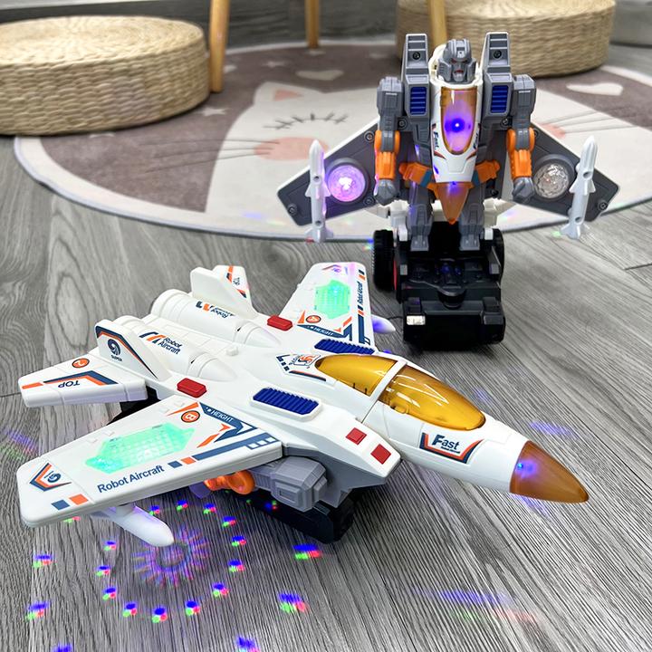电动变形机器人万向飞机儿童玩具灯光音乐战斗机自动0-3岁小汽车