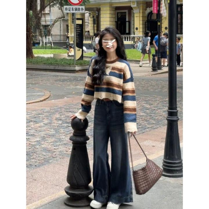 毛衣女2024年秋季新款复古短款条纹宽松小个子穿搭好看针织衫上衣