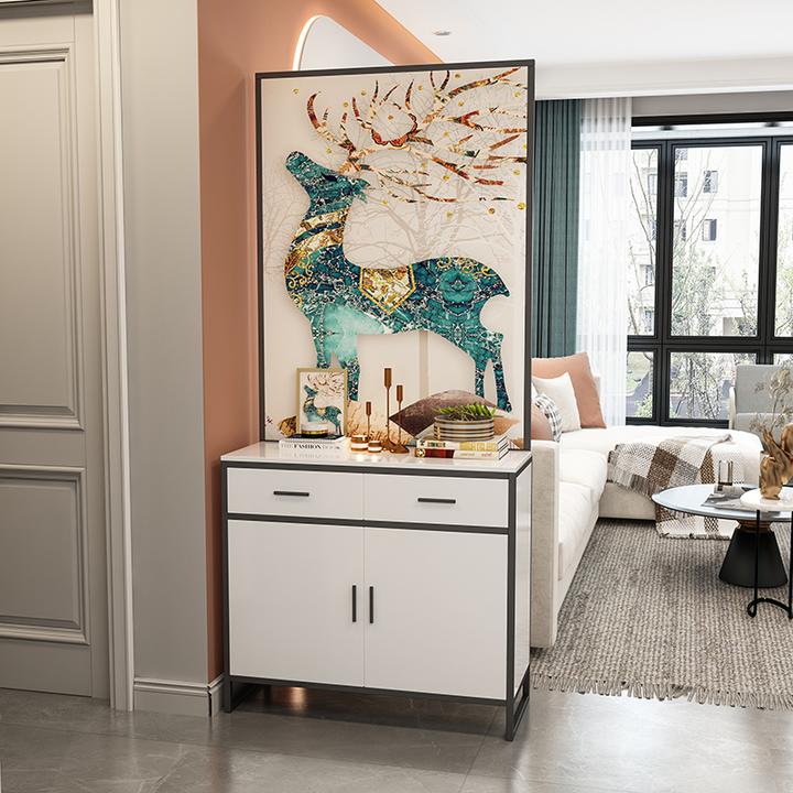 轻奢入户玄关柜进门客厅隔断柜现代简约艺术彩绘玻璃鞋柜屏风一体